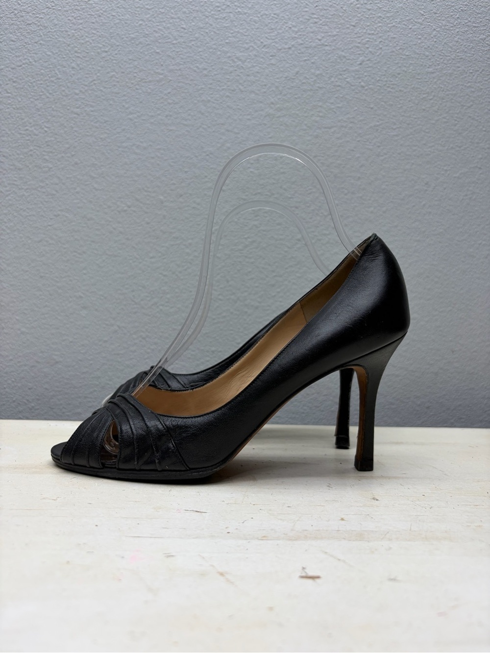 Manolo Blahnik Black Leather Peep Toe Heels Size 36.5